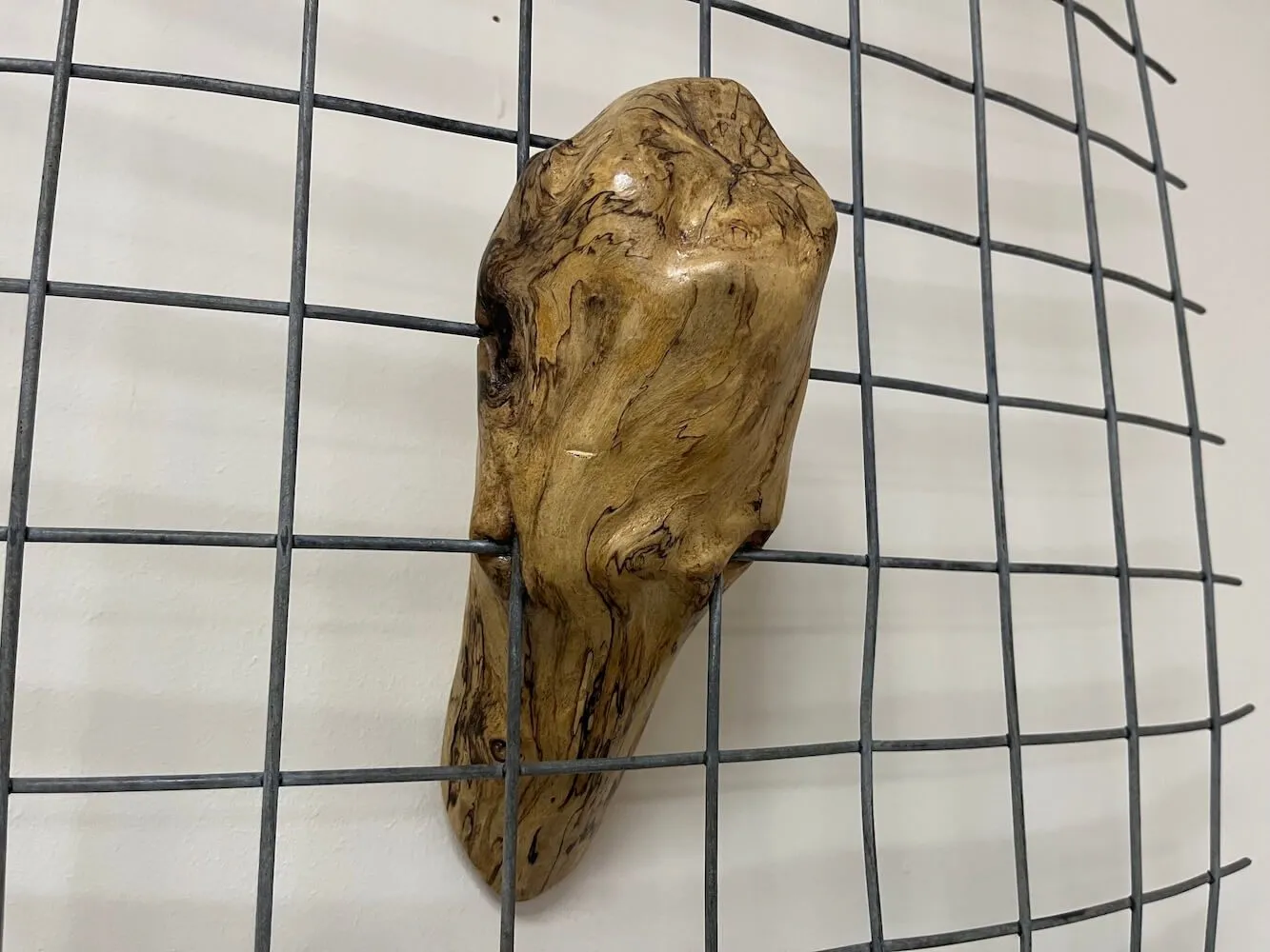 modern art piece, showing a piece of wood mounted to a mesh grid. Photo taken at Cudox, Grimsby
